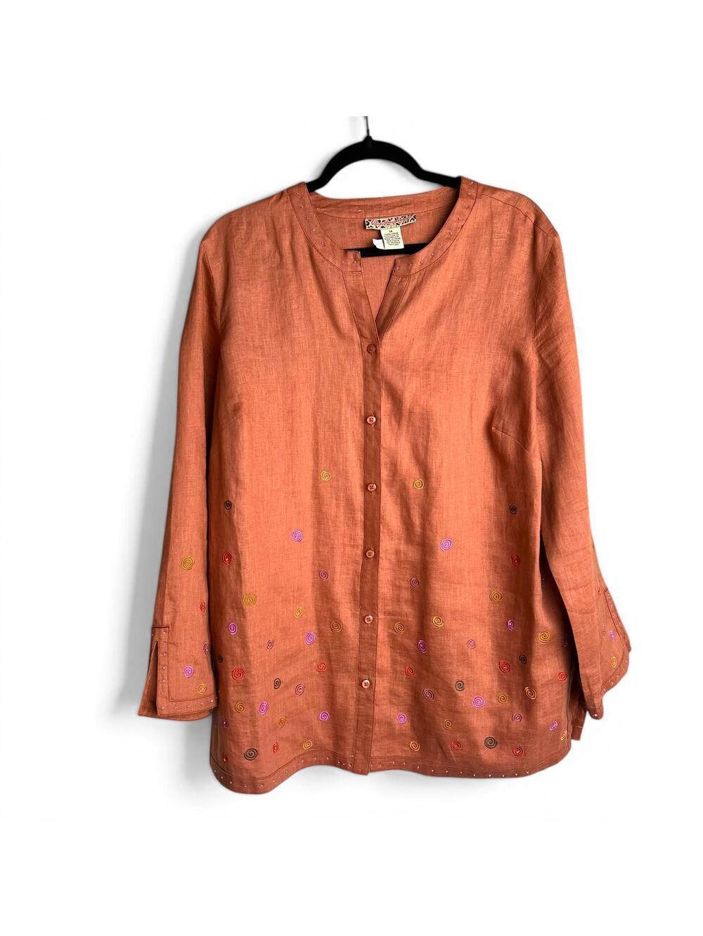 Vintage Orange Linen Embroidered Button-Up Shirt
